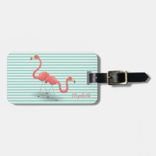 Cute Flamingos On Mint White Stripes Luggage Tag