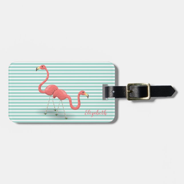 Cute  Flamingos  On Mint  White Stripes Luggage Tag (Front Horizontal)
