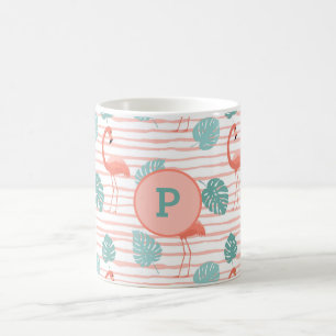 Cute Flamingos on Pink and Green Leafy Background Coffee Mug