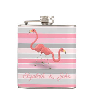 Cute  Flamingos , Stripes,Personalised Hip Flask