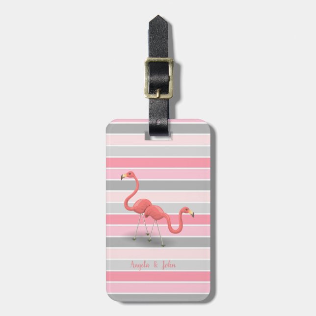 Cute Flamingos, Stripes Personalised Luggage Tag (Front Vertical)
