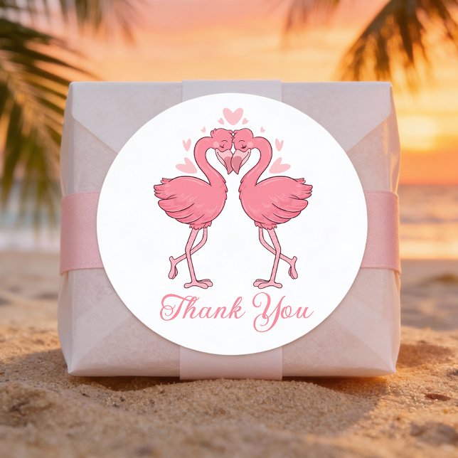Cute Flamingos Tropical Beach Wedding Thank You Classic Round Sticker (Creator Uploaded)