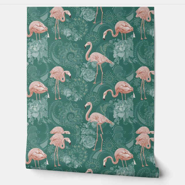 Cute Flamingos Tropical Plants Flowers Blue Pink Wallpaper (Unrolling)