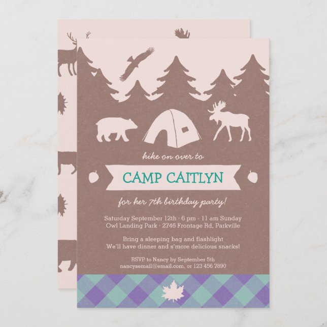Cute Flannel Girls Camping Birthday Party Invite (Front/Back)