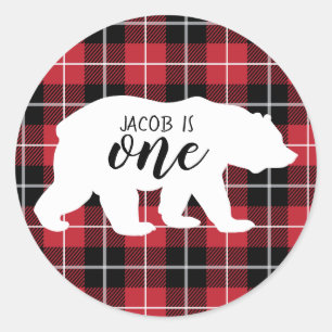 Cute Flannel Plaid Pattern Bear 1st Birthday Party Classic Round Sticker