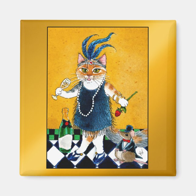 Cute Flapper cat, mouse Art Deco 1920s Magnet (Front)