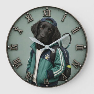 Cute Flat-Coated Retriever Puppy Tennis Large Clock