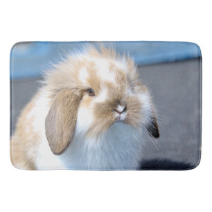 Cute Flemish white and brown rabbit Bath Mat