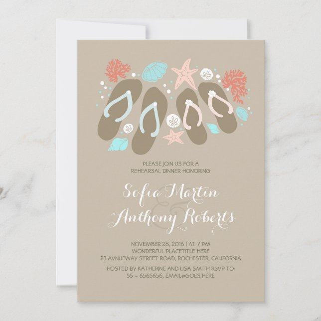Cute flip flops beach rehearsal dinner invites (Front)