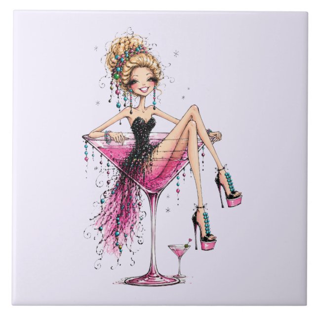 Cute Flirty Lady in a Martini Glass Tile (Front)