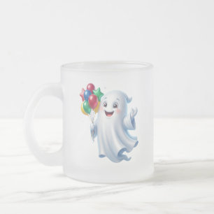 Cute Floating Ghost with Balloons Halloween Frosted Glass Coffee Mug