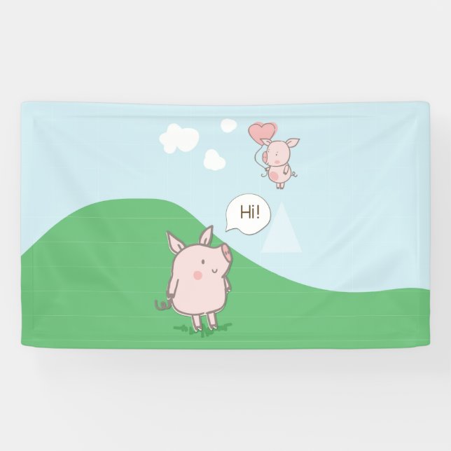 Cute Floating Pig Saying Hi Banner (Horizontal)