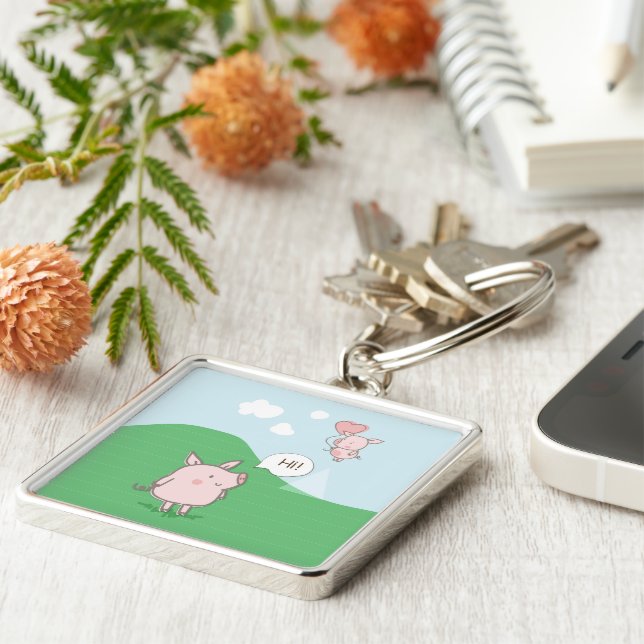 Cute Floating Pig Saying Hi Key Ring (Side)