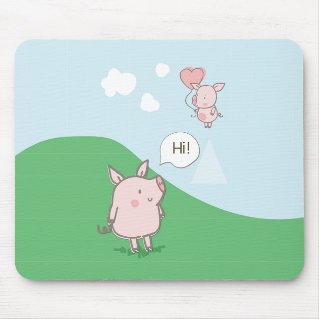 Cute Floating Pig Saying Hi Mouse Mat (Front)