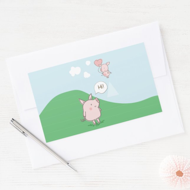Cute Floating Pig Saying Hi Rectangular Sticker (Envelope)