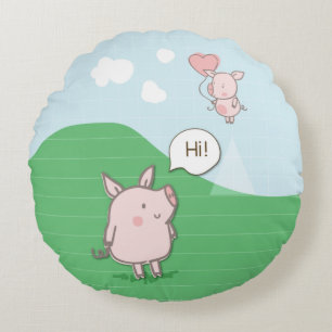 Cute Floating Pig Saying Hi Round Cushion
