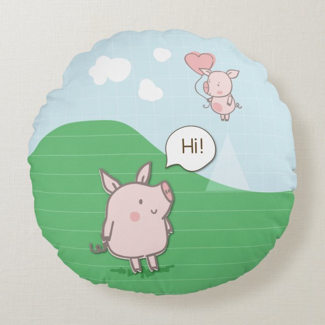 Cute Floating Pig Saying Hi Round Cushion (Front)