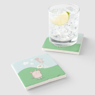 Cute Floating Pig Saying Hi Stone Coaster