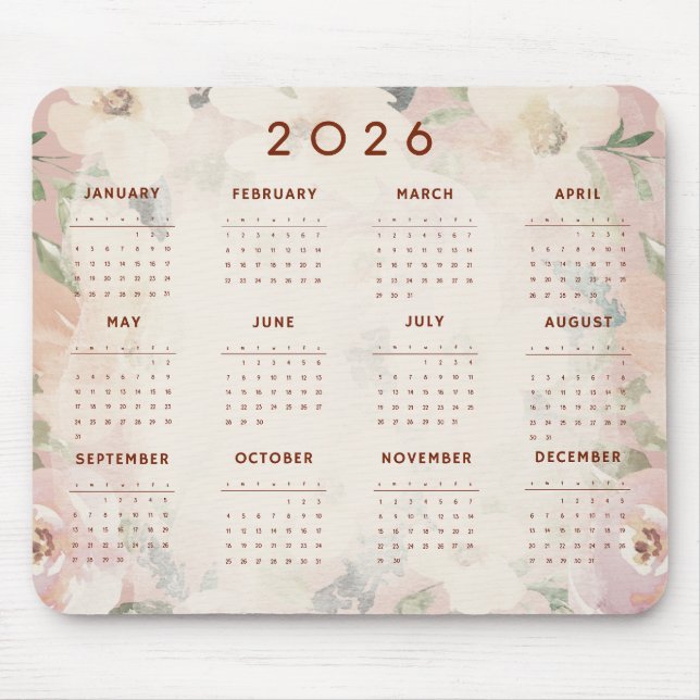 Cute Floral 2026 Calendar Mouse Mat (Front)