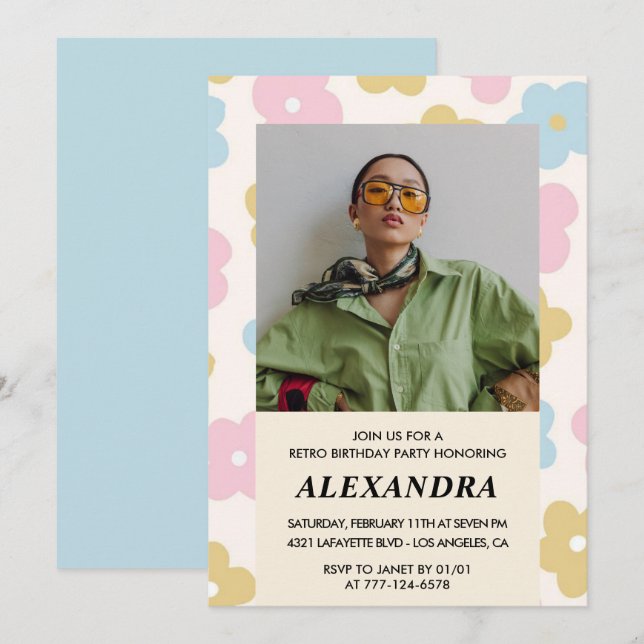Cute Floral 27th birthday invitation Retro Photo (Front/Back)