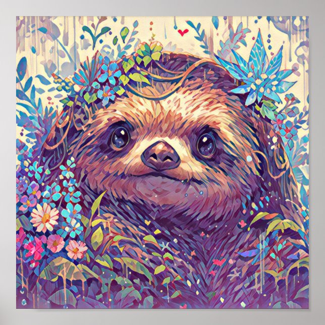 Cute Floral Abstract Sloth Art Poster (Front)