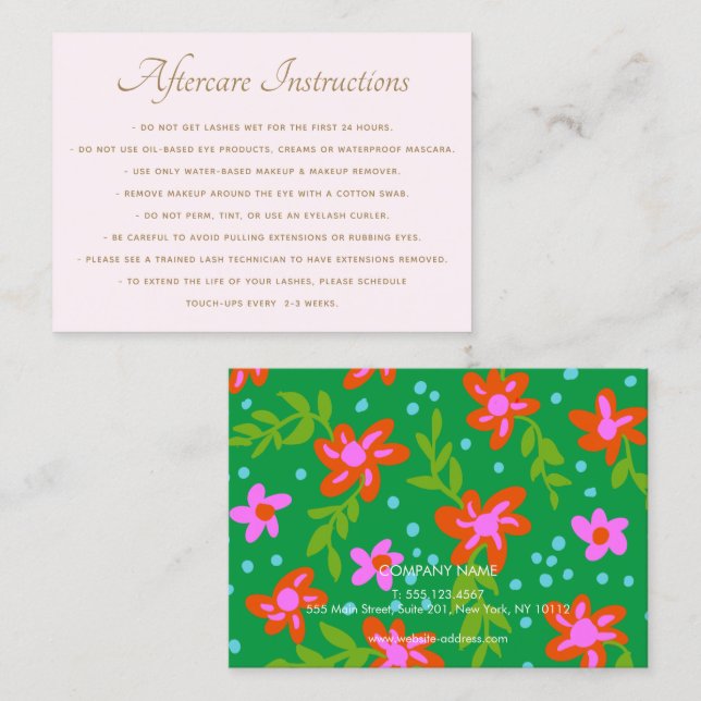 Cute Floral AfterCare for Lash Extensions Salon Business Card (Front/Back)