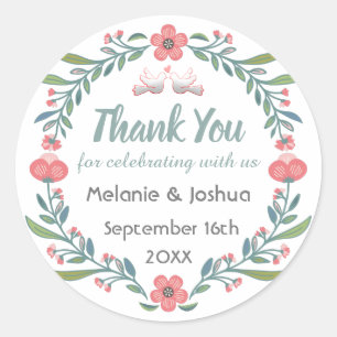Cute Floral and Dove Wreath Wedding Thank You Classic Round Sticker