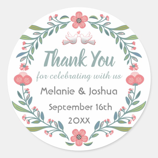 Cute Floral and Dove Wreath Wedding Thank You Classic Round Sticker (Front)