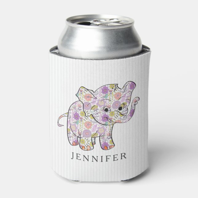 Cute Floral Baby Elephant Can Cooler (Can Front)