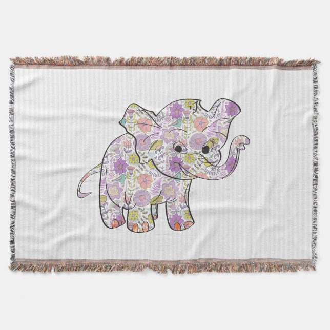 Cute Floral Baby Elephant Throw Blanket (Front)