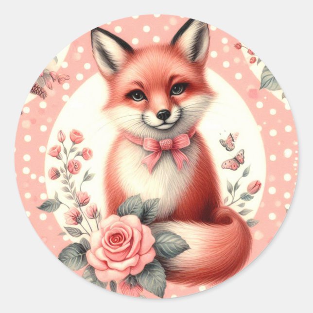 Cute Floral Baby Fox Classic Round Sticker (Front)