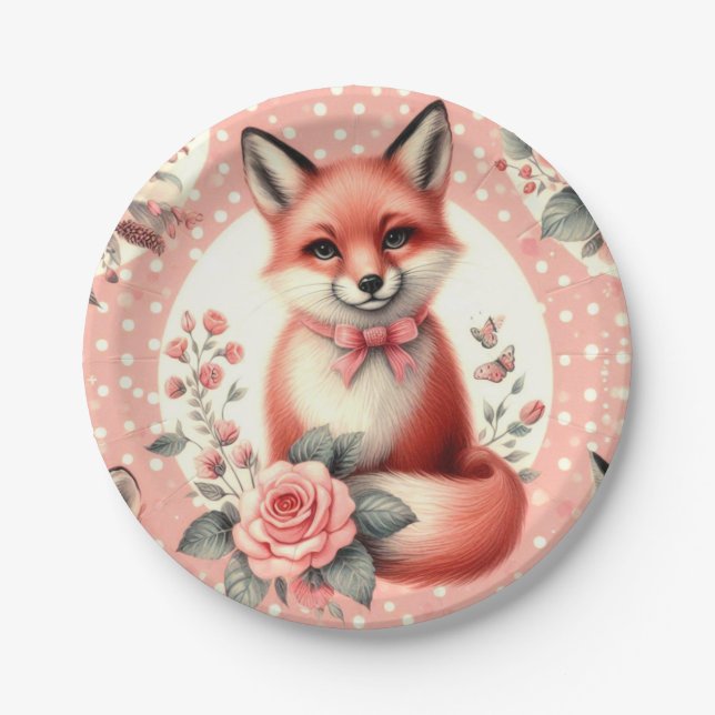 Cute Floral Baby Fox Paper Plate (Front)