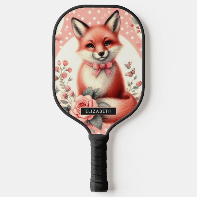 Cute Floral Baby Fox Pickleball Paddle (Front)