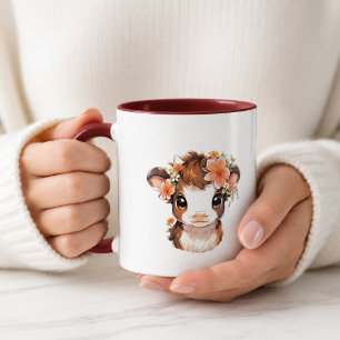Cute Floral Baby Highland Cow Mug Kawaii Cow Cof