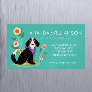 Cute Floral Bernese Mountain Dog Pet Care Services Magnetic Business Card