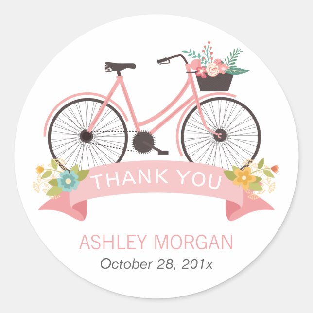 Cute Floral Bicycle Blush Pink Thank You Classic Round Sticker (Front)
