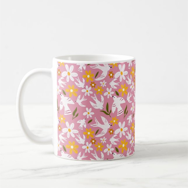 Cute Floral Bird Seamless Pattern Coffee Mug (Left)