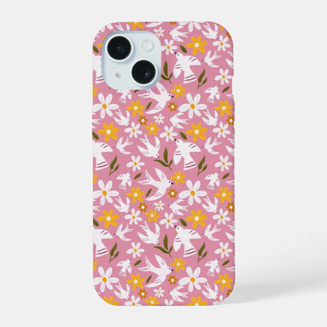 Cute Floral Bird Seamless Pattern iPhone 15 Case (Back)