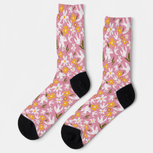 Cute Floral Bird Seamless Pattern Socks
