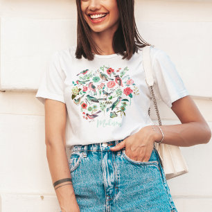 Cute Floral Birds Botanical Pattern T-Shirt