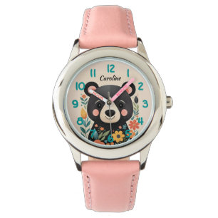 Cute Floral Black Bear Kids Watch