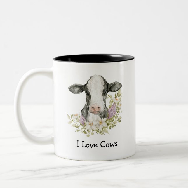Cute Floral Black Cow Two-Tone Coffee Mug (Left)