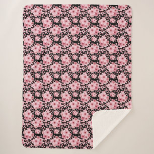 Cute Floral Black Pink Cherry Blossom Sherpa Blanket