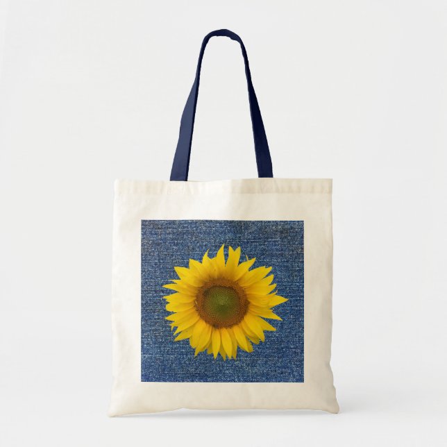 Cute Floral Blue Denim Look Yellow Sunflower Tote Bag (Front)