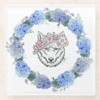 Cute Floral Blue Hydrangea Wolf Glass Coaster