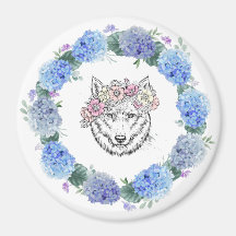 Cute Floral Blue Hydrangea Wolf Magnet