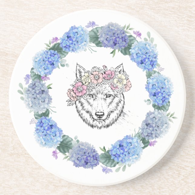 Cute Floral Blue Hydrangea Wolf Sandstone Coaster (Front)