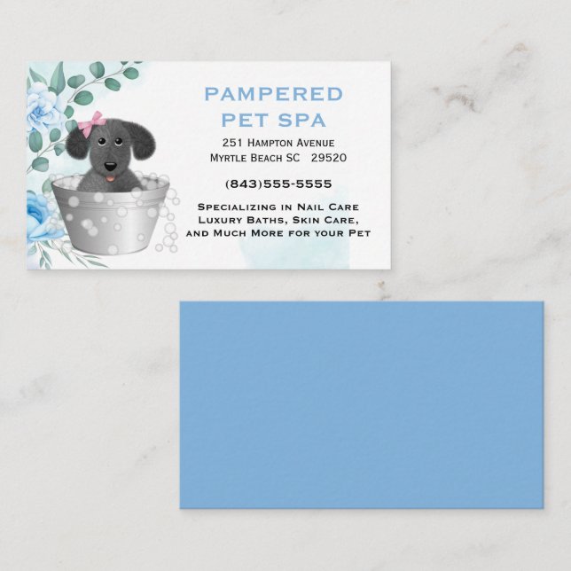Cute Floral Blue Pet Groomer Business Card (Front/Back)