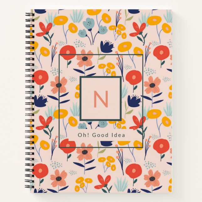 Cute Floral Blush Pink Pattern Monogram Notebook (Front)