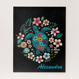 Cute Floral Boho Sea Turtle Custom Name Jigsaw Puzzle